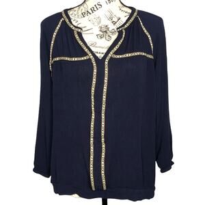 Andree Blue MEDIUM Split Neck Boho Patterned Contrast Trim Long Sleeve Blouse